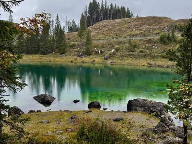 View of Lago di Carezza (Karersee) from the southeast part of the trail