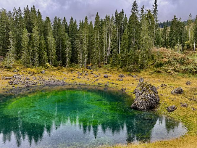 Vibrant green hues of Lago di Carezza