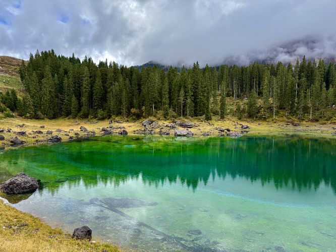 View of vibrant greens and turquoise of Lago di Carezza