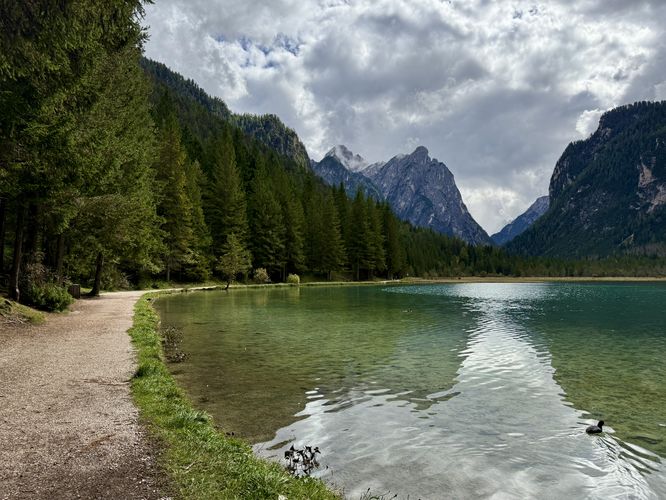 The lake trail leads to more breathtaking views of alpine mountains