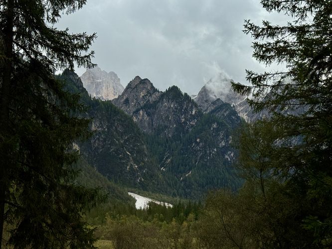 Moody view of the alpine peaks near Dobbiaco, Italy