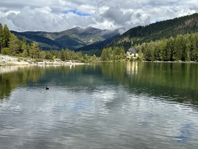 Another view of Lake Dobbiaco and Hotel Baur am See