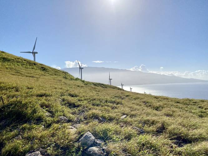 View of wind turbines and south Maui