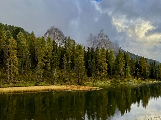 View from the northwest corner of Lake Antorno with towering alpine peaks