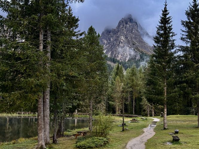 The Lake Antorno Trail winds through the trees, sitting under alpine peaks, near the southwest corner