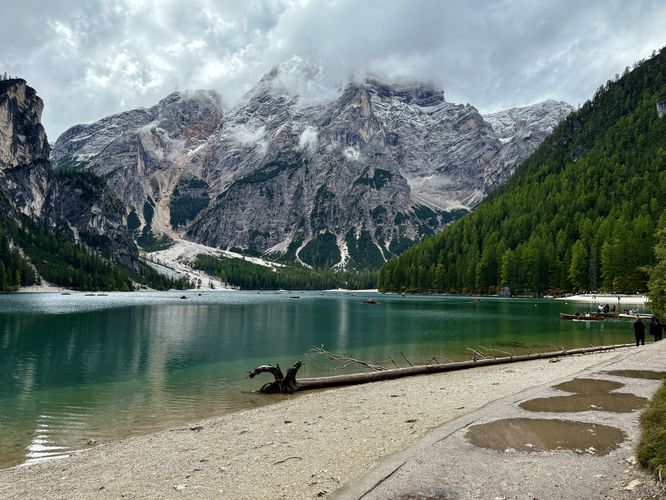 Raised trail runs along Lake Braies with stunning views
