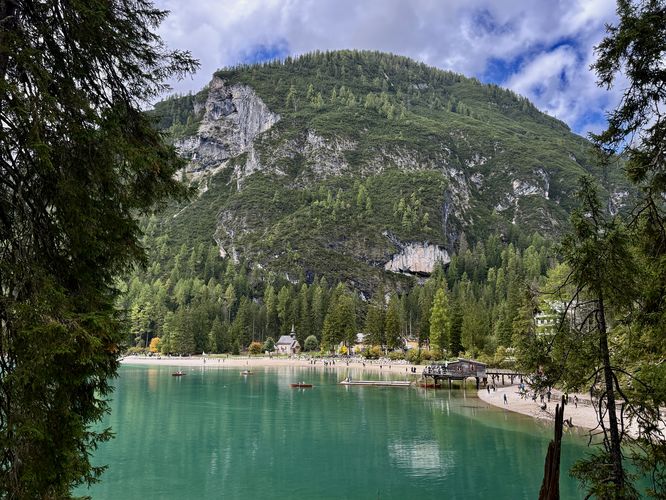 A view of the row boat dock and turquoise waters of Lake Braies