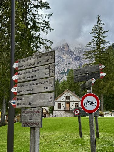 Lake Braies trail signs. No biking