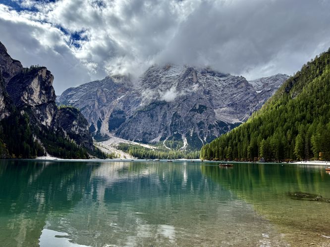 View of Lago di Braies from the north shore
