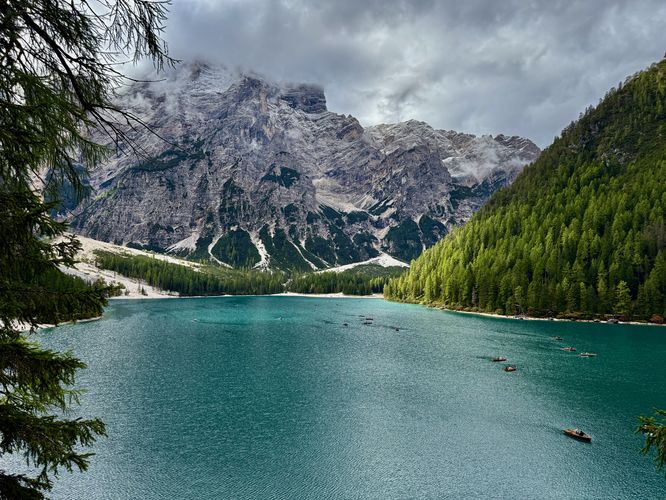 View of Lago di Braies from the east side of the loop trail