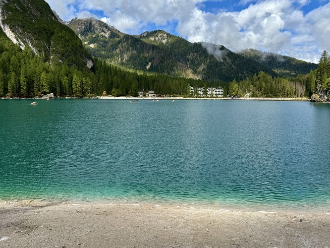 Northern view of Lago di Braies and its turquoise water