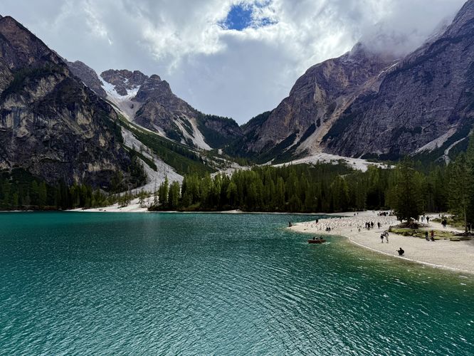 View of Lake Braies from the western side of the loop trail