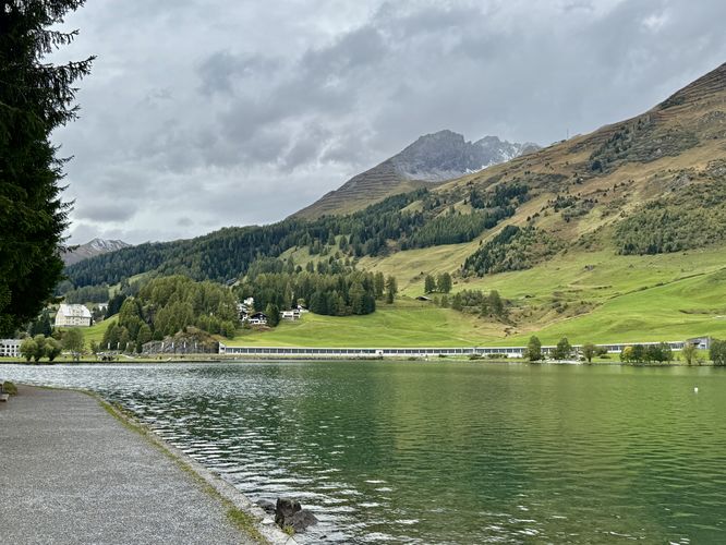 View of Lake Davos and surrounding alpine peaks