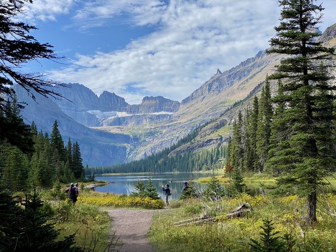 View of Lake Josephine, Salamander Glacier, and 960-foot tall Grinnell Falls