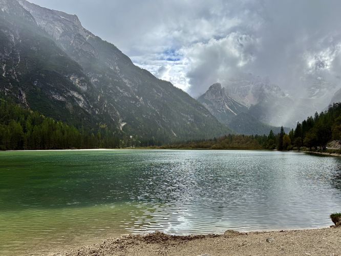 View of Lago di Landro from the shoreline