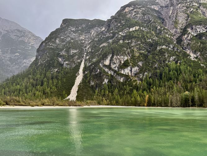 Turquoise waters of Lago di Landro (Lake Landro) in the Italian Alps