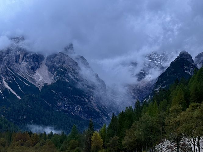 Evening view of the Monte Cristallo massif, covered in clouds
