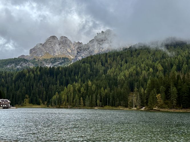 View of alpine mountains and Lake Misurina