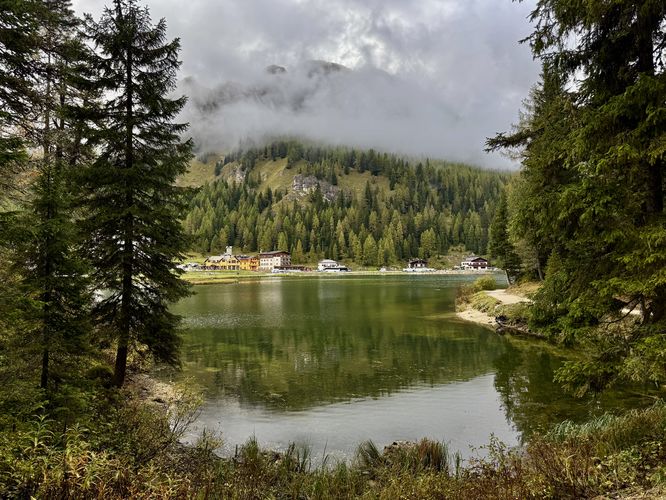 Forest view of Lake Misurina from the trail