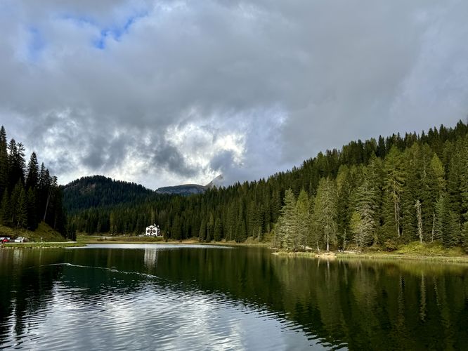 View of Hotel Miralago along Lake Misurina