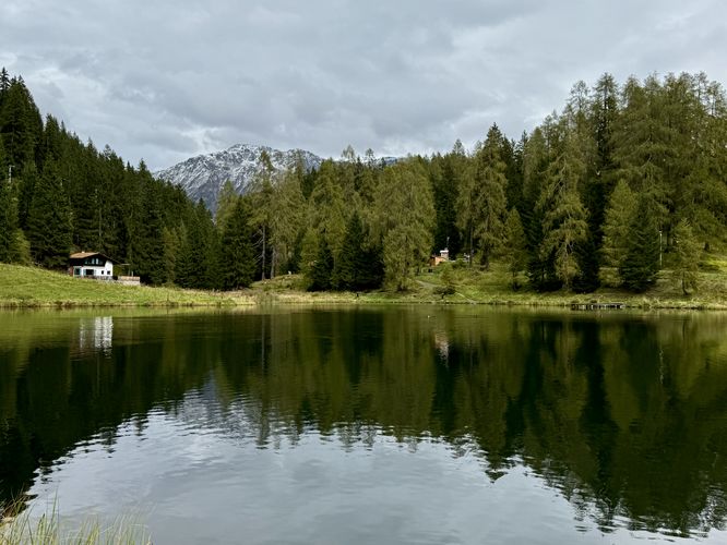 View of Schwarzsee and Alps from the west side of the lake