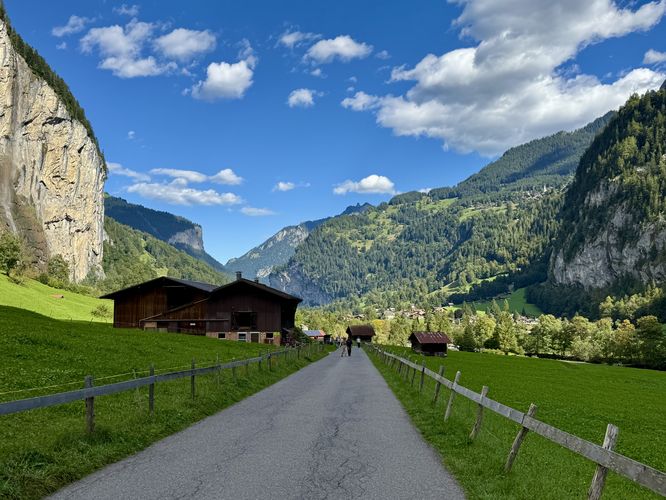 The trail leads up a public road through the Lauterbrunnen Valley