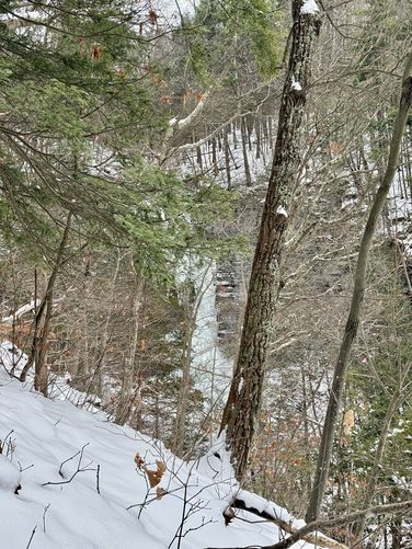 Obstructed view of the 90-foot tall Lick Brook Falls, frozen