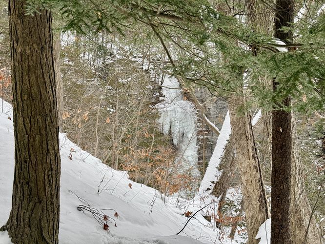 Obstructed view of the 90-foot tall Lick Brook Falls, frozen