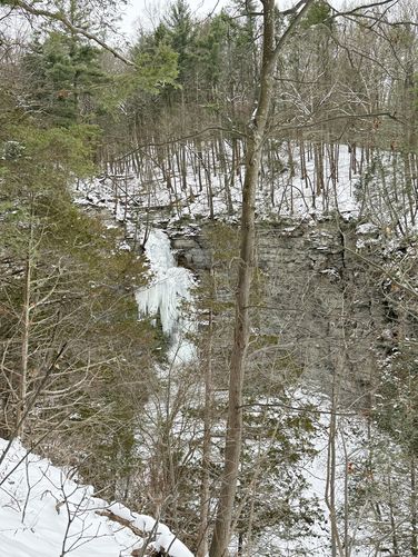 Obstructed view of the 90-foot tall Lick Brook Falls, frozen