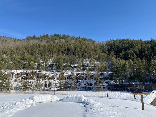 Icy cliffs near Little Pine Lake overflow at dam
