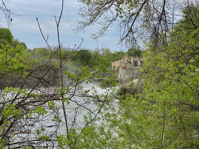 Very-obstructed view of Middle Falls upstream (Genesee River)
