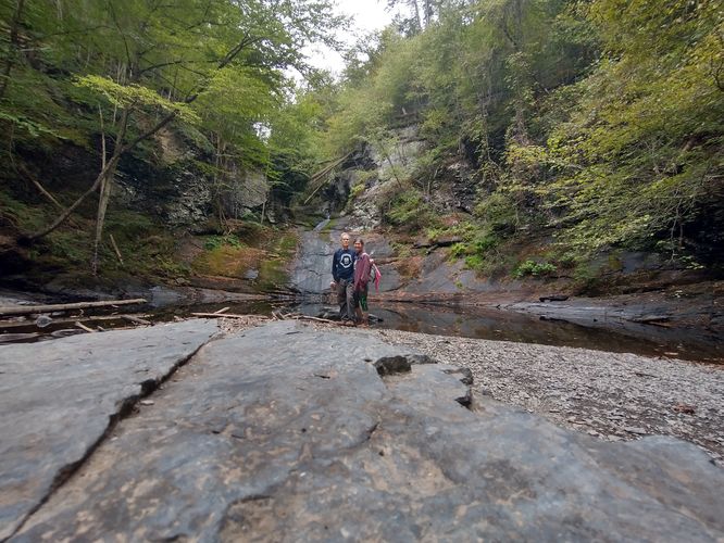 With lower water levels we were able safely capture a picture with the falls as a back  drop