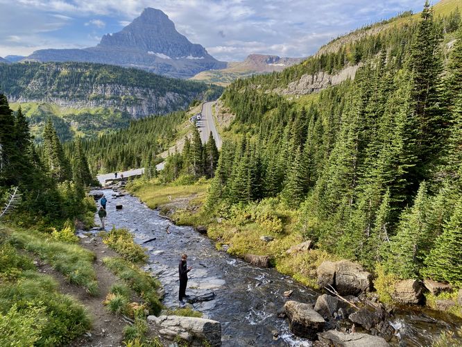 View down Lunch Creek and of Logan Pass. Visitors followed us up the creek