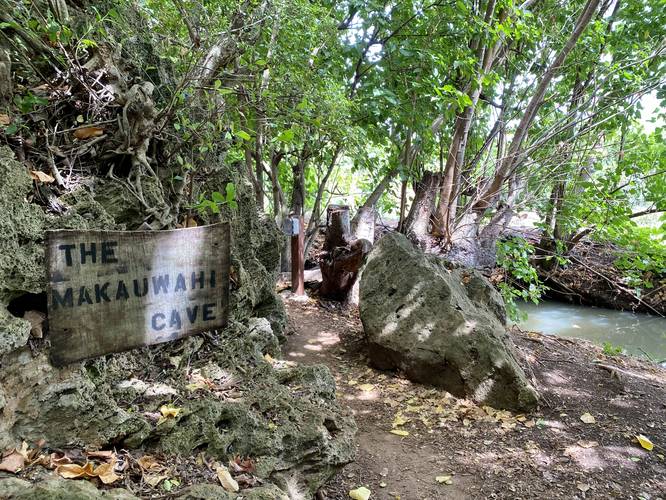 "The Makauwahi Cave" sign along the trail adjancet to Waiopili Stream