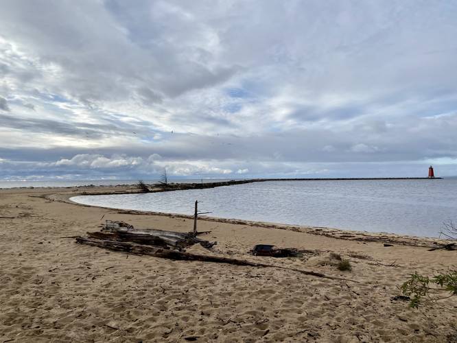 Beach with Manistique East Breakwater Lighthouse (right)