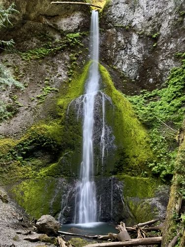 Long exposure portrait of the 90-foot tall Marymere Falls