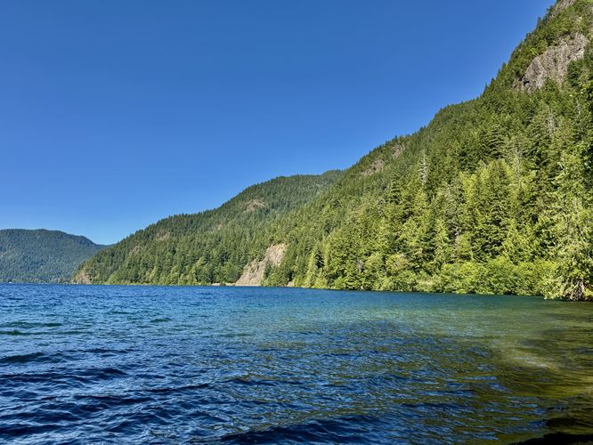View of Crescent Lake's turquoise-tinted water