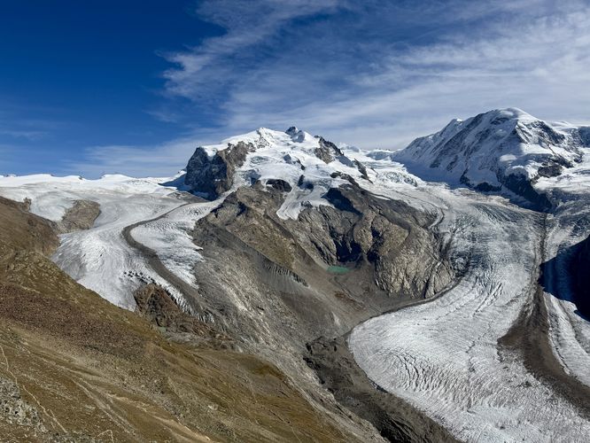 View of Gornergletscher, Monte Rosa massif, and Grenzgletscher from Gornergrat summit