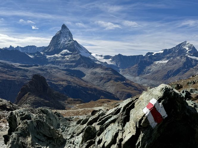 View of the Matterhorn and Swiss trail marker