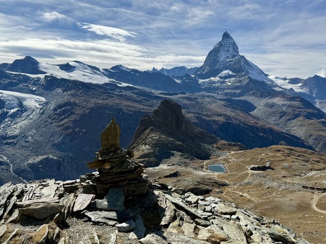 View of the Matterhorn, Riffelhorn, Riffelsee from a rock cairn