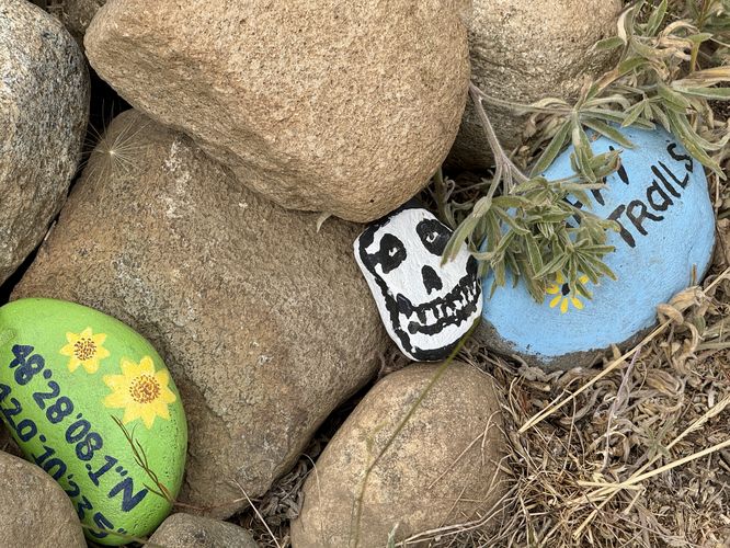 Painted rocks at the Happy Trails sign - including a Misfits rock. Nice