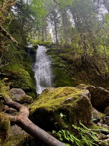 Moss-covered boulders surround the base of Merriman Falls