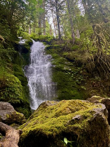 Another portrait view of the waterfall with surrounding moss-covered boulders and cliff