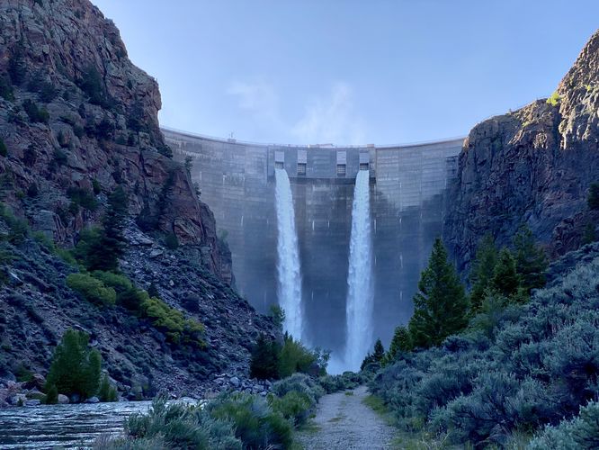 View of the Morrow Point Dam Waterfall (350-feet tall)