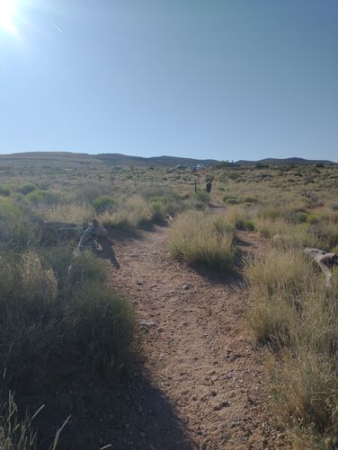 Trail heads through the desert towards the distant hills