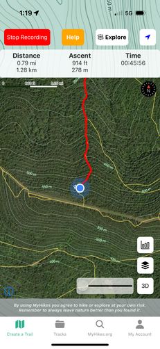 Almost made it to the top of the mountain, screenshot using the MyHikes app