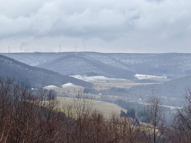 View of Forkston Mountain and wind turbines atop
