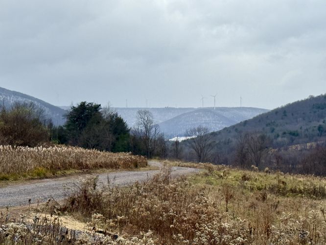View of Forkston Mountain with wind turbines atop