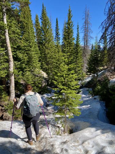 Hiking down snowfields