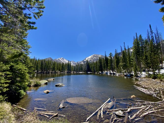 View of Nymph Lake with Half Mountain, Storm Peak, and Thatchtop Mountain